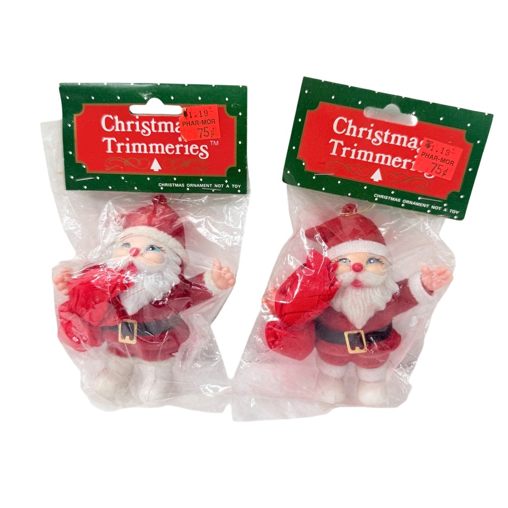 Bradford Novelty Santa Claus Ornaments Set 2 Red White NEW Vintage Flocked